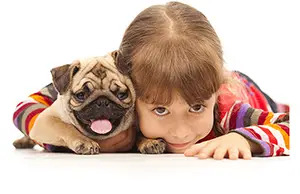 girl laying with pug