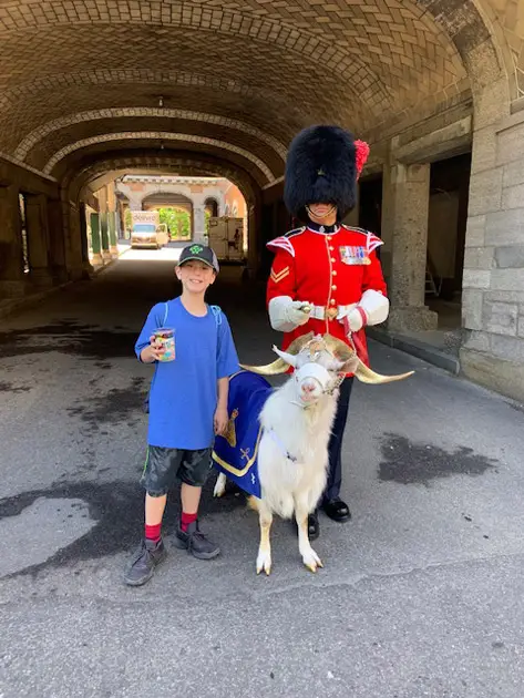 boy with guard and goat in quebec city