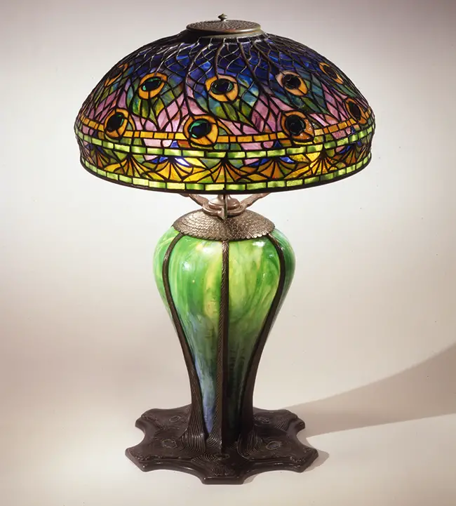 peacock lamp from The Neustadt Collection of Tiffany Glass Queens Museum