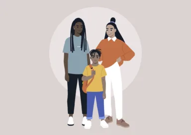 A full length multiracial family portrait, a lesbian couple and their son