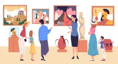 Family in museum. People tourists with children looking ancient monuments, statue exhibit or painting art gallery exhibition, guide excursion tour group classy vector illustration
