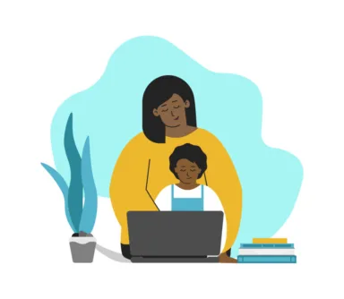 Vector isolated concept in flat style. African American mother and kid are sitting with laptop. Online education with class in quarantine time, making homework with parent’s help. Home schooling