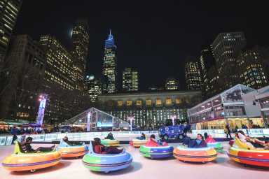 Overshot view of the bumper cars on ice at Bryant Park