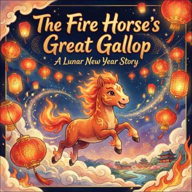 Cover of children's book celebrating lunar new year, called The Fire Horse's Great Gallop depicting a fantastical and smiling animated horse