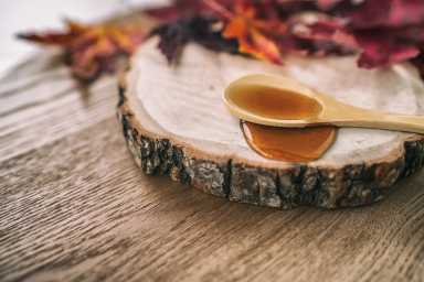 Maple syrup sugar liquid in wooden spoon from Quebec restaurant sugar shack called Cabane a sucre maple trees sap farm. Canadian delicacy sweet dessert ingredient,