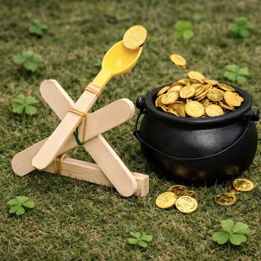 Pot of gold catapult made with popsicle sticks, St. Patrick's Day