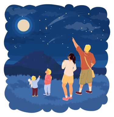 Happy family star gazing outdoors together looking into night starry sky vector illustration. Mother, father and children over nature park scenery
