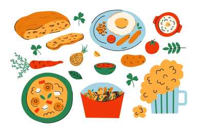 10 Delicious St. Patrick's Day Recipes You Have to Try This Year Irish Food. Ireland traditional cuisine. Hand drawn stew, soda bread, eggs, beans and sausages, French fries, beer. Milesian kitchen in cartoon style. Vector for menu, recipe, St. Patrick Day, card
