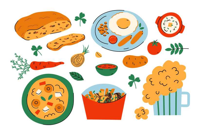 10 Delicious St. Patrick's Day Recipes You Have to Try This Year Irish Food. Ireland traditional cuisine. Hand drawn stew, soda bread, eggs, beans and sausages, French fries, beer. Milesian kitchen in cartoon style. Vector for menu, recipe, St. Patrick Day, card