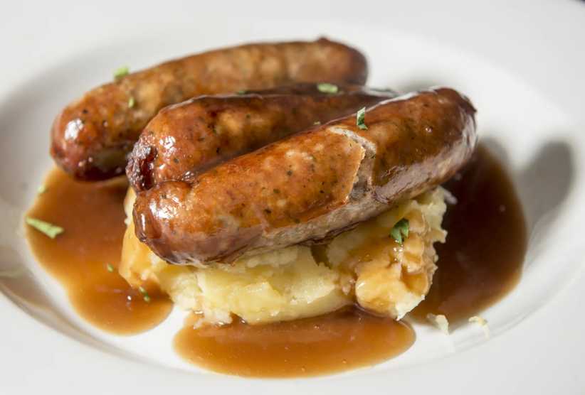 St. Patrick's Day Bangers with mash - sausages with gravy and mashed potatoes