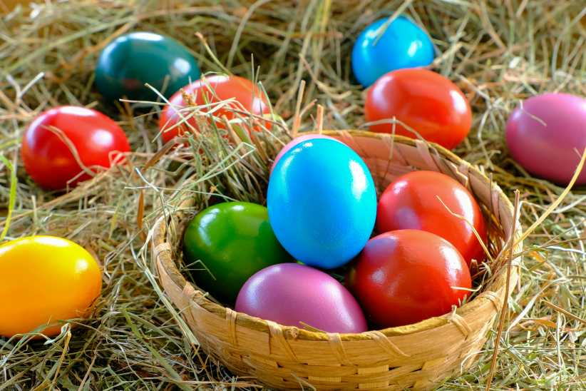 Colorful plastic eggs in a basket.