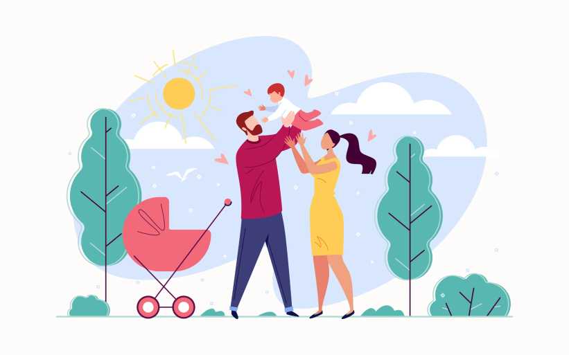 40 Free Things to Do in Westchester with Kids That Families Love, Father, Mother and Baby in the Background of Nature and the Shining Sun. Vector Illustration in Flat Cartoon Style.