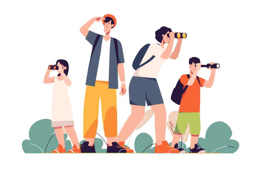 Happy traveling tourist family looking through binoculars. Vector illustration.