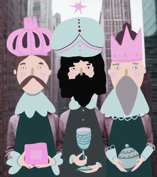 Three kings illustration with the city of New York skyscraper background