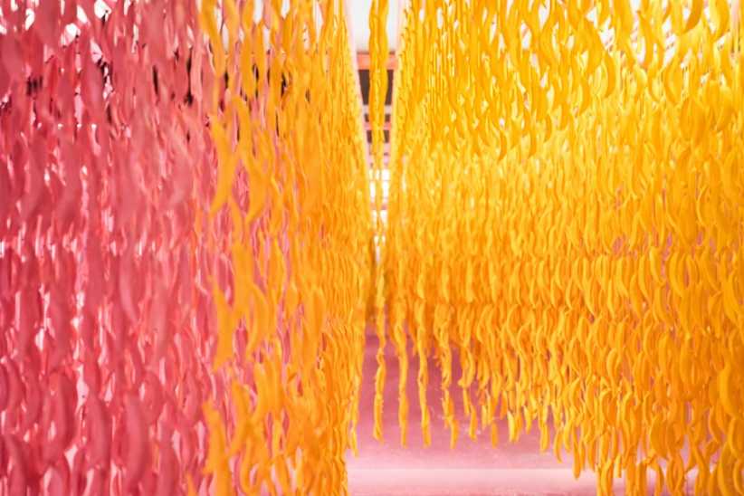 Pink and yellow streamers that are paart of Banana Jungle exhibit at the Museum of Ice Cream
