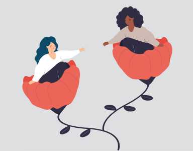 An illustration of two women, one in their own flower pods, drifting apart.