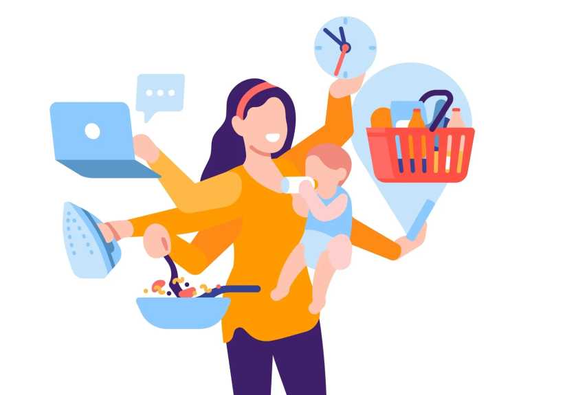 Animation of a mom holding a baby with a heavy mental load and thinking of all the thinsg she has to do