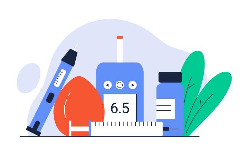Type 1 diabetes, Diabetes equipment concept. Diabetic test for blood sugar level. Syringe, glucometer, insulin pen, vial. Diabetic lifestyle. Isolated vector illustration in cartoon style
