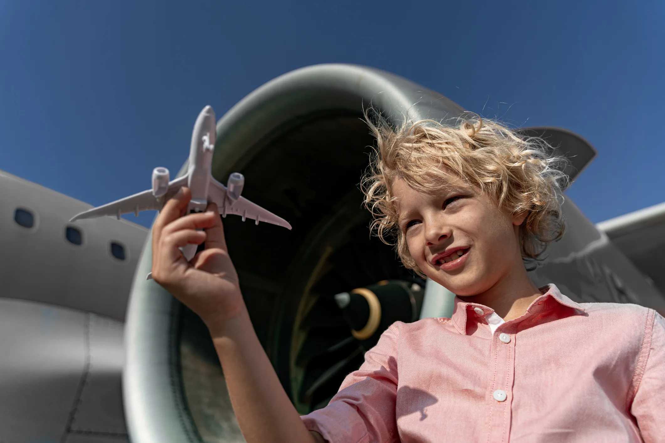 Aviation Activities for Kids Near NYC: Museums, Plane Watching & More - Kid playing with an airplane toy in front of an airplane engine
