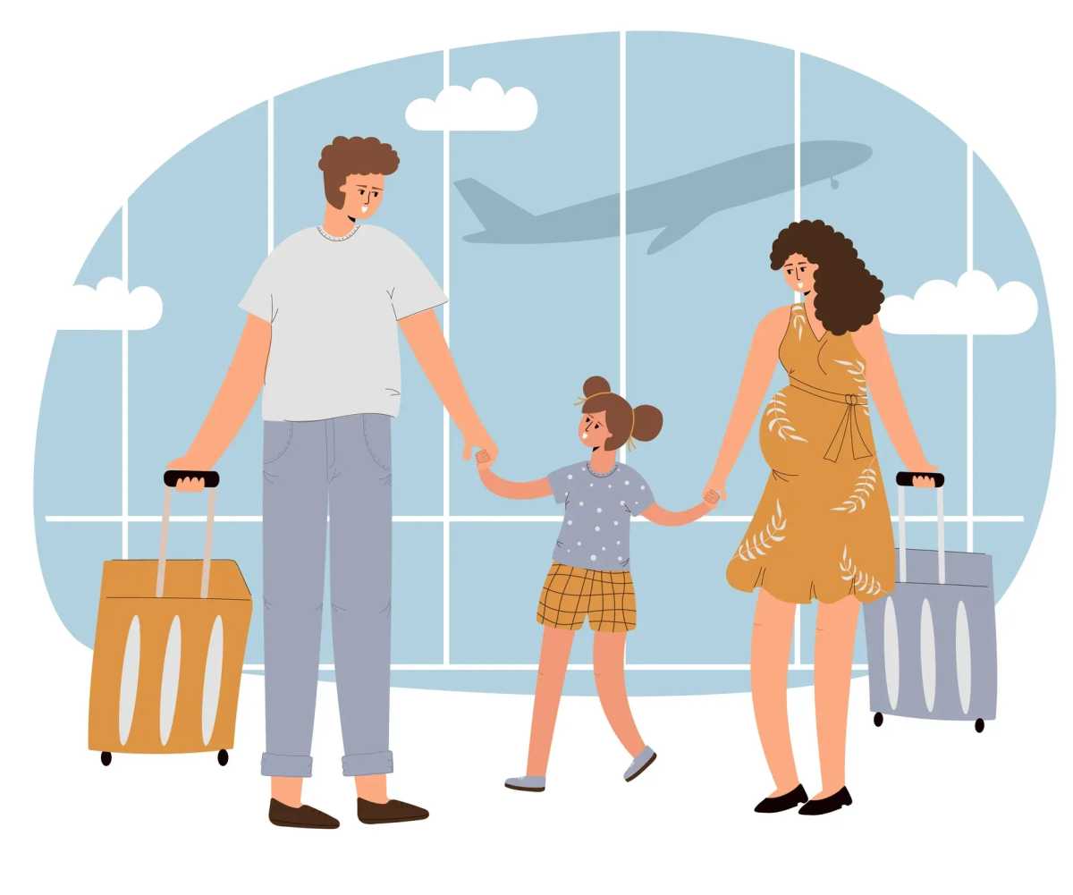 Sensory-Friendly Spots at NYC Airports for Kids & Families: Illustration of a family going to the airport