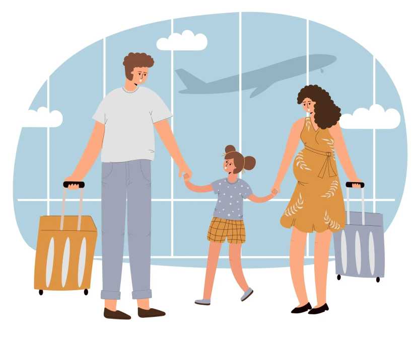 Sensory-Friendly Spots at NYC Airports for Kids & Families: Illustration of a family going to the airport