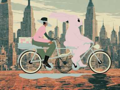An illustratipn of a woman and a bunny on a double bike through NYC