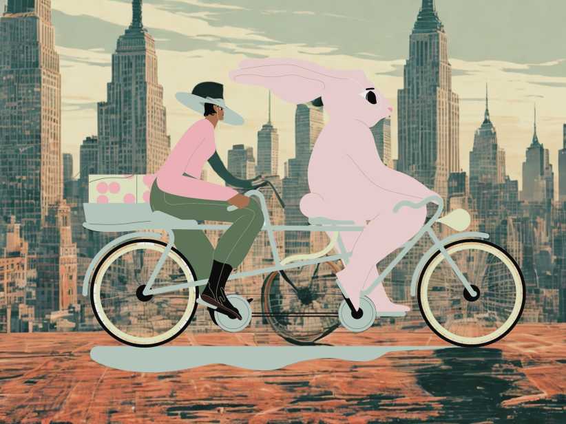 An illustratipn of a woman and a bunny on a double bike through NYC